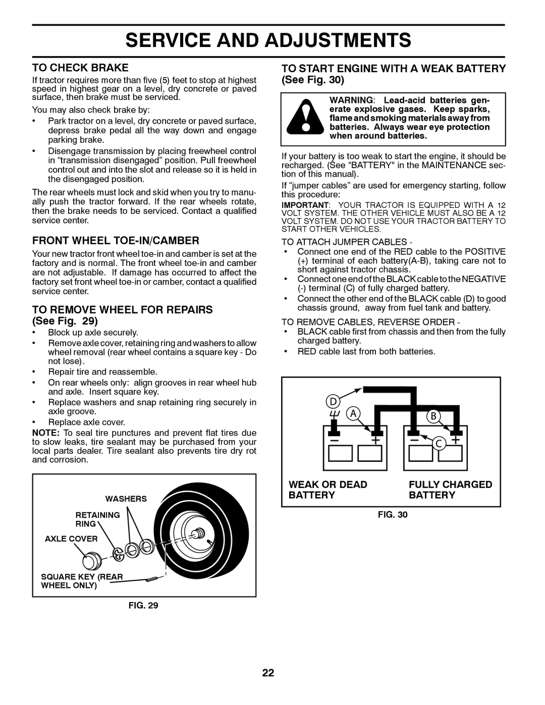 Husqvarna YTH20K46 owner manual To Check Brake, Front Wheel TOE-IN/CAMBER, To Remove Wheel for Repairs See Fig 