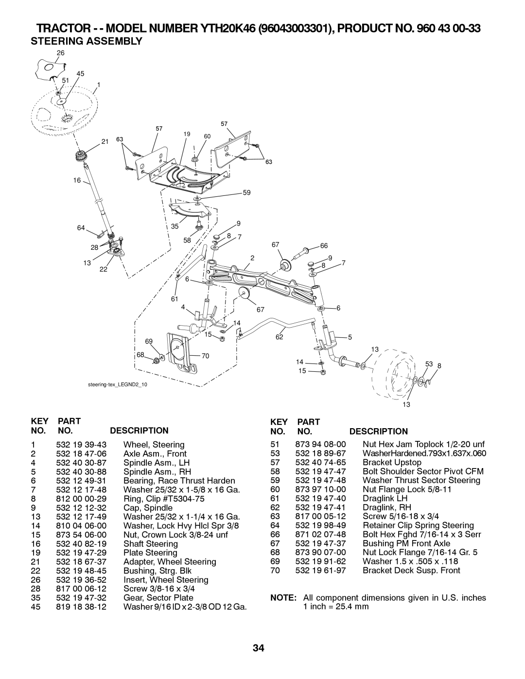 Husqvarna YTH20K46 owner manual Steering Assembly 