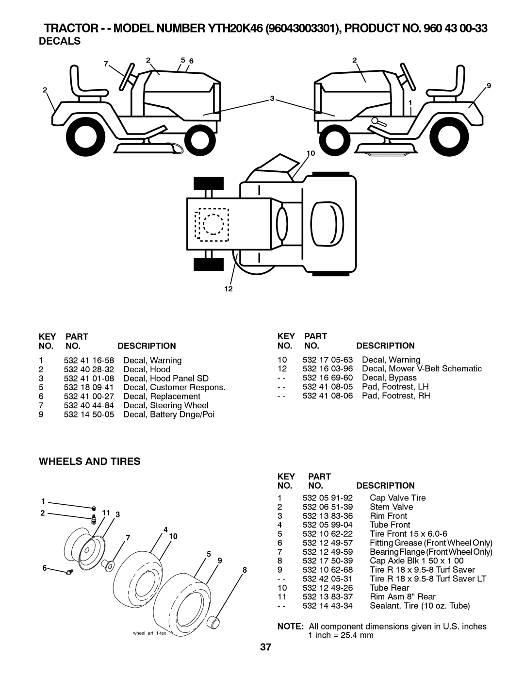 Husqvarna YTH20K46 owner manual Decals, Wheels and Tires 