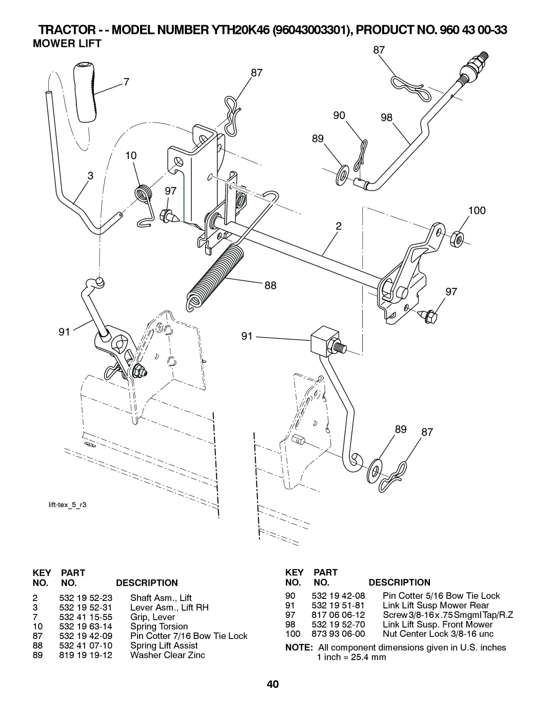 Husqvarna YTH20K46 owner manual Mower Lift, 100 