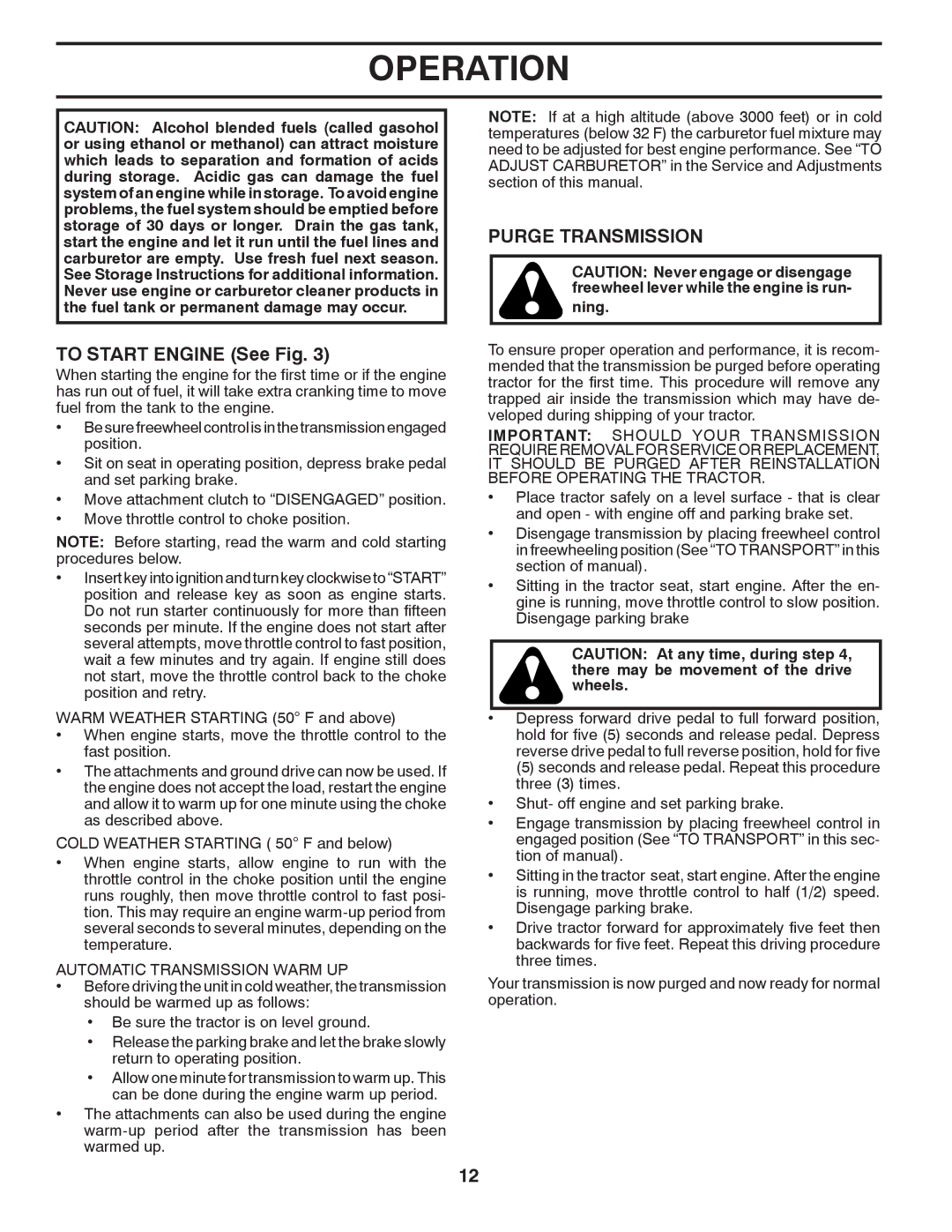 Husqvarna YTH20K46 owner manual To Start Engine See Fig, Purge Transmission, Automatic Transmission Warm UP 