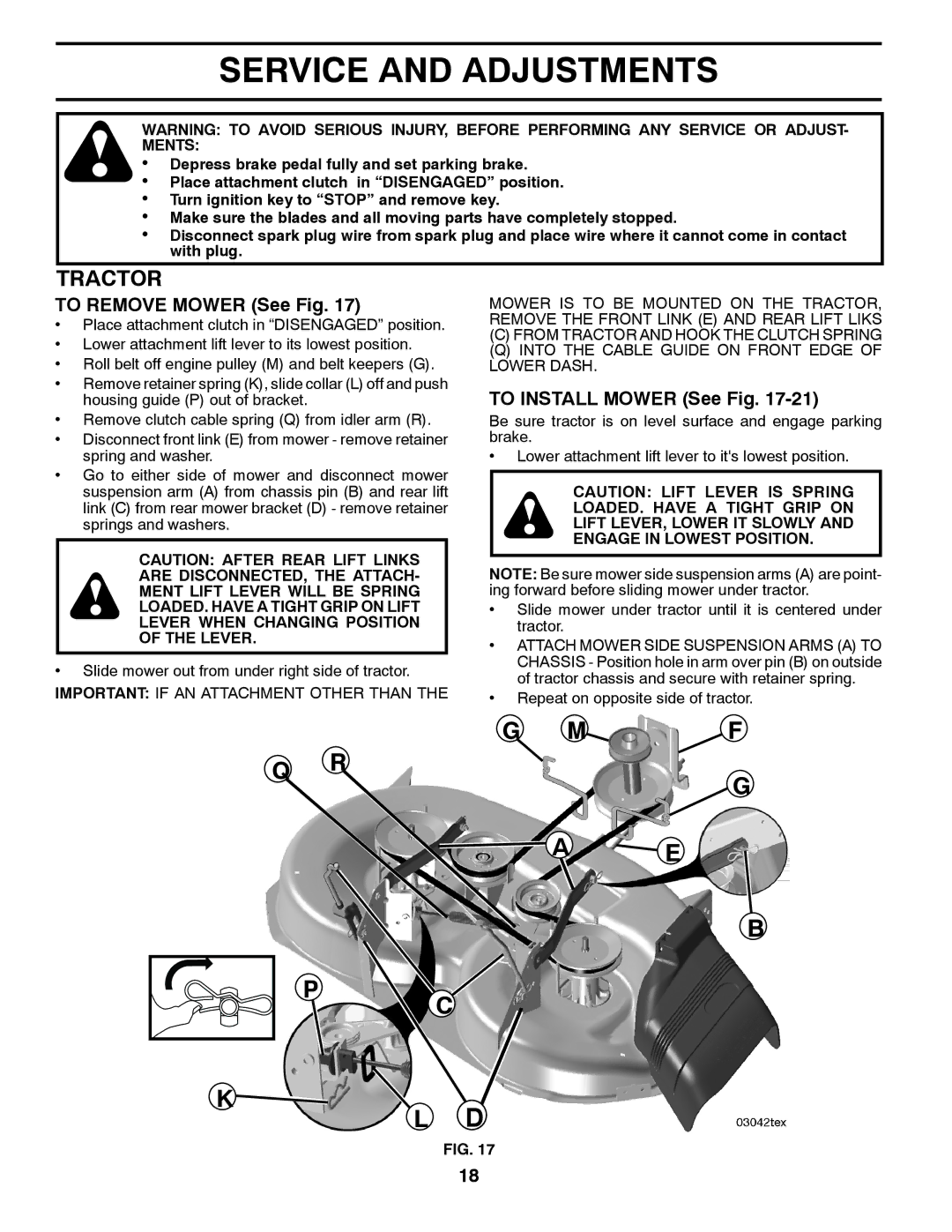 Husqvarna YTH20K46 owner manual Service and Adjustments, To Remove Mower See Fig, To Install Mower See Fig 