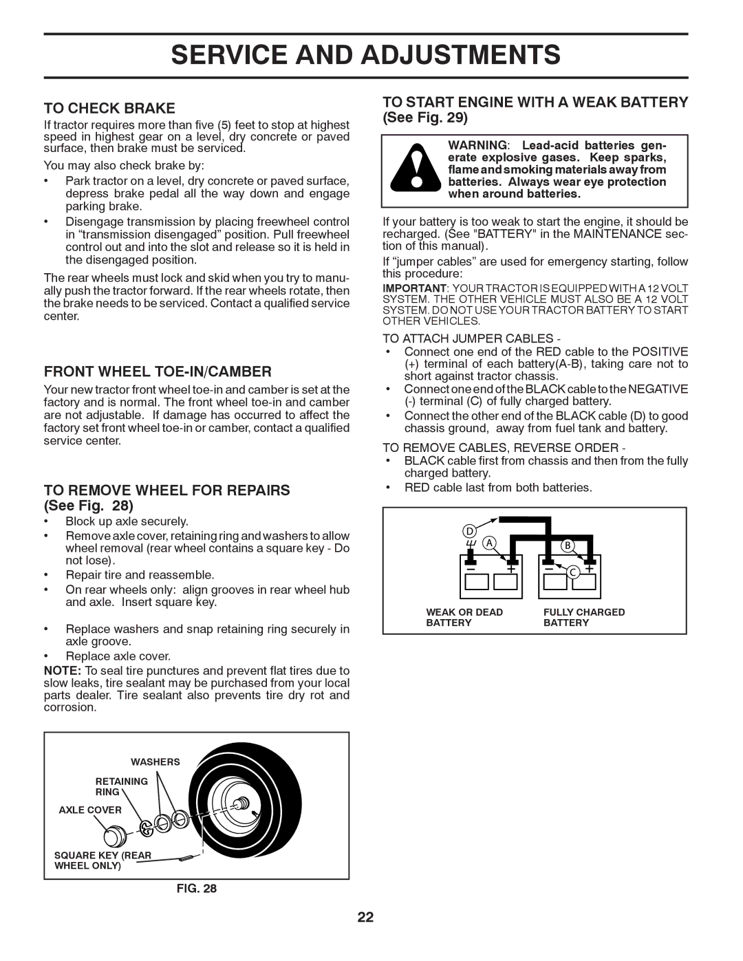 Husqvarna YTH20K46 owner manual To Check Brake, Front Wheel TOE-IN/CAMBER, To Remove Wheel for Repairs See Fig 