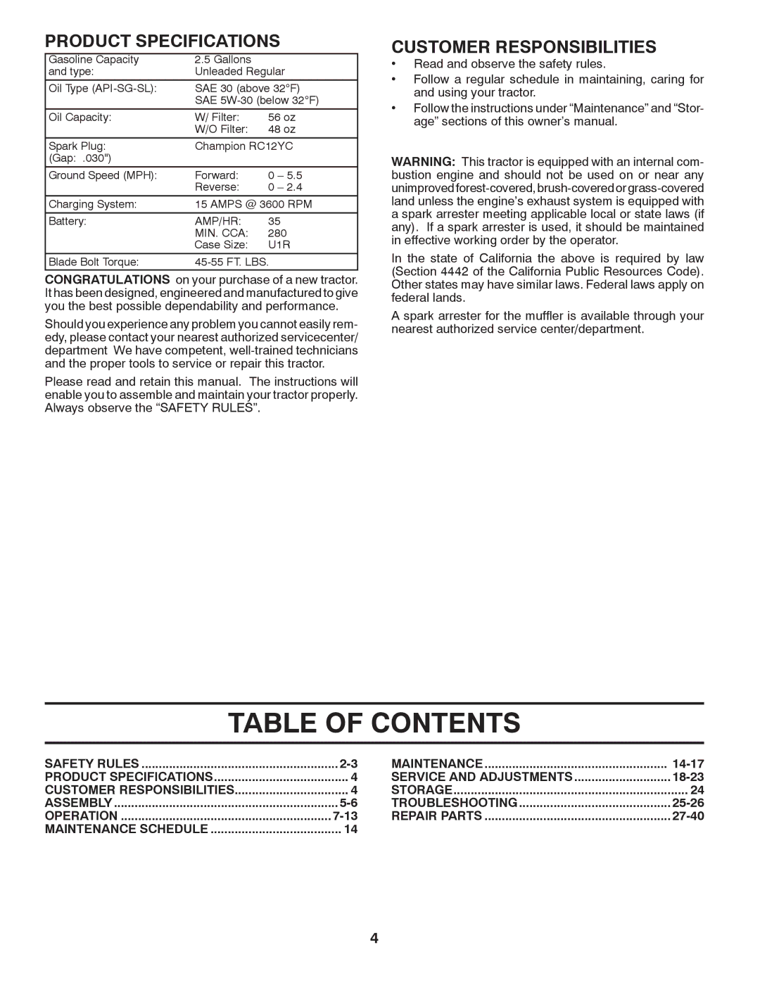 Husqvarna YTH20K46 owner manual Table of Contents 