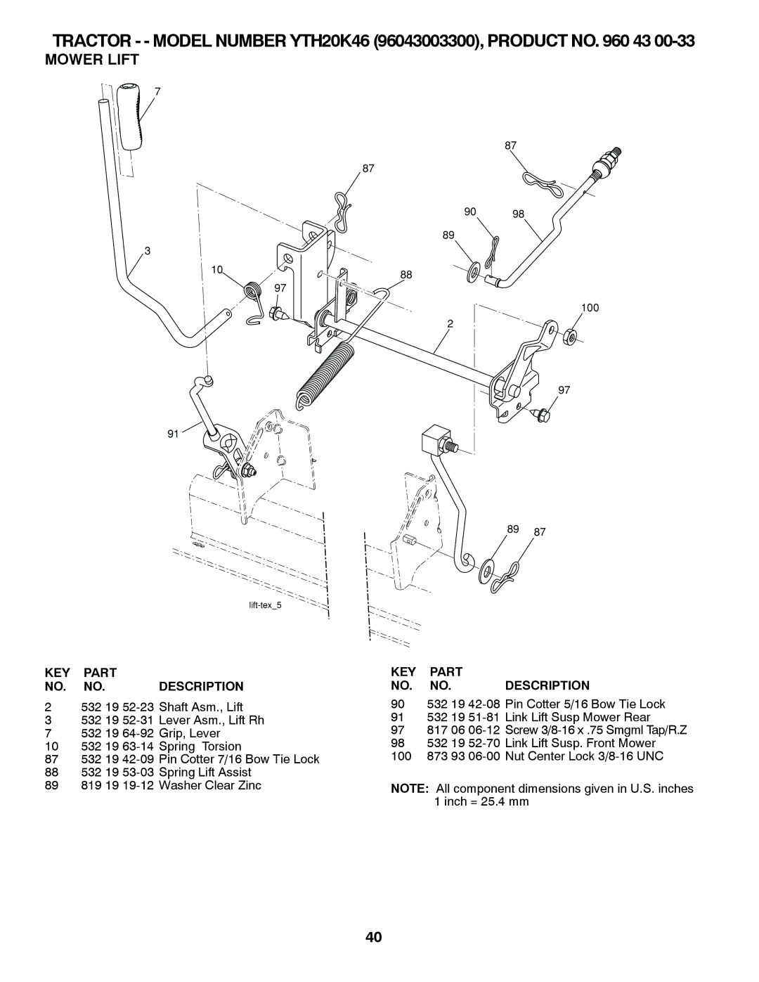 Husqvarna YTH20K46 owner manual Mower Lift, KEY Part NO. NO. Description 