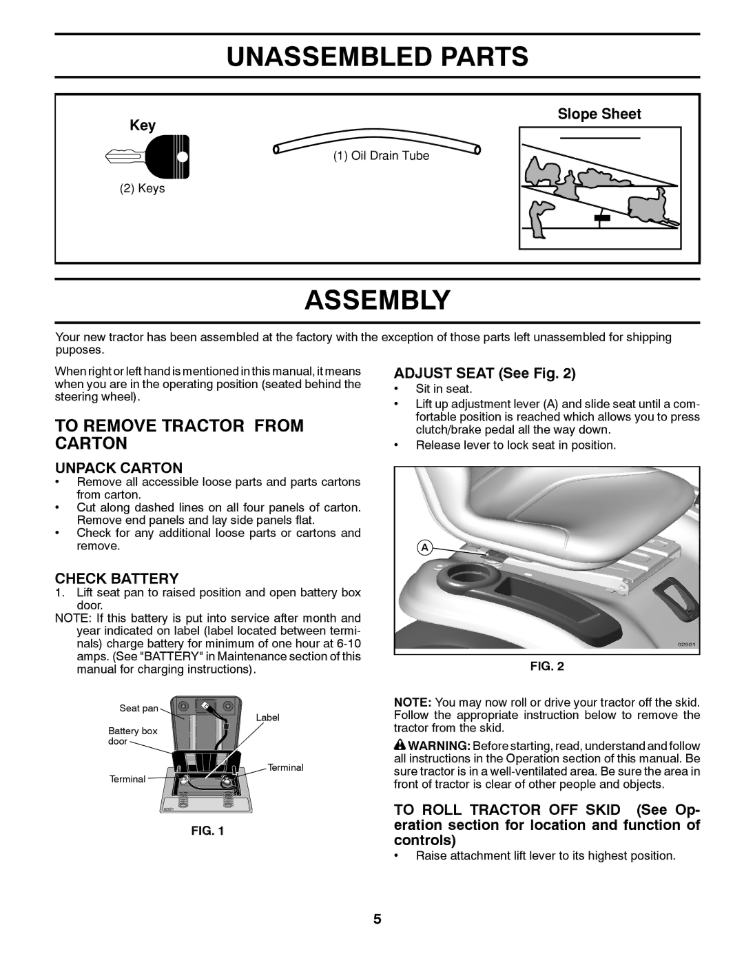 Husqvarna YTH20K46 owner manual Unassembled Parts, Assembly, To Remove Tractor from Carton, Unpack Carton, Check Battery 