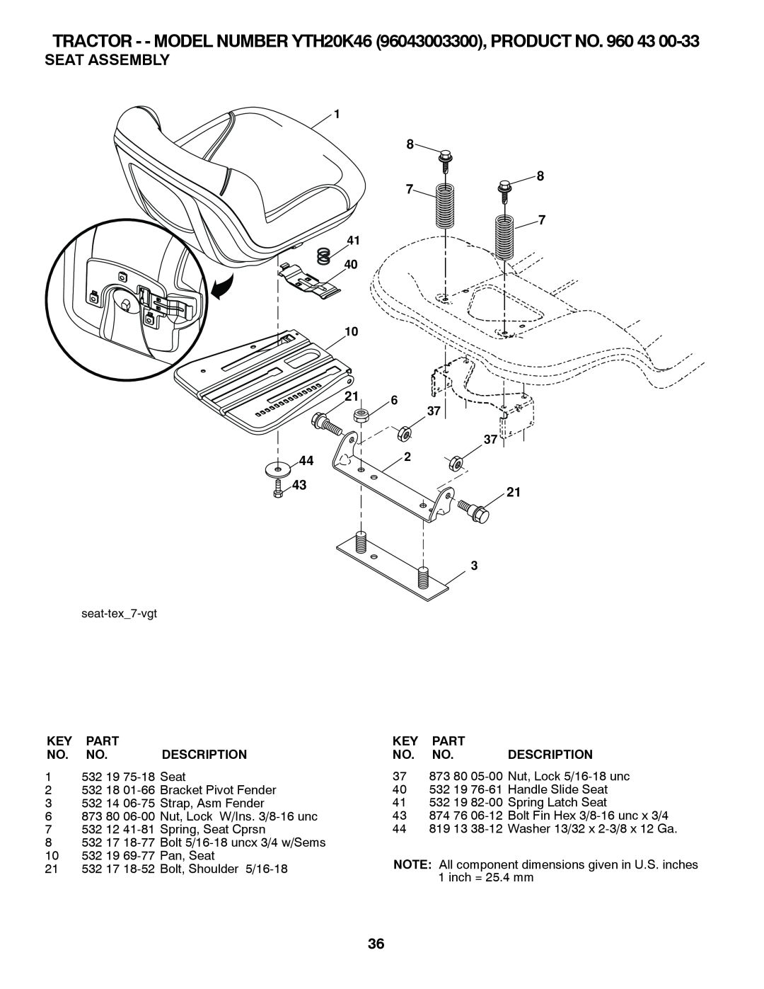 Husqvarna YTH20K46 owner manual Seat Assembly, Key Part No. No. Description 