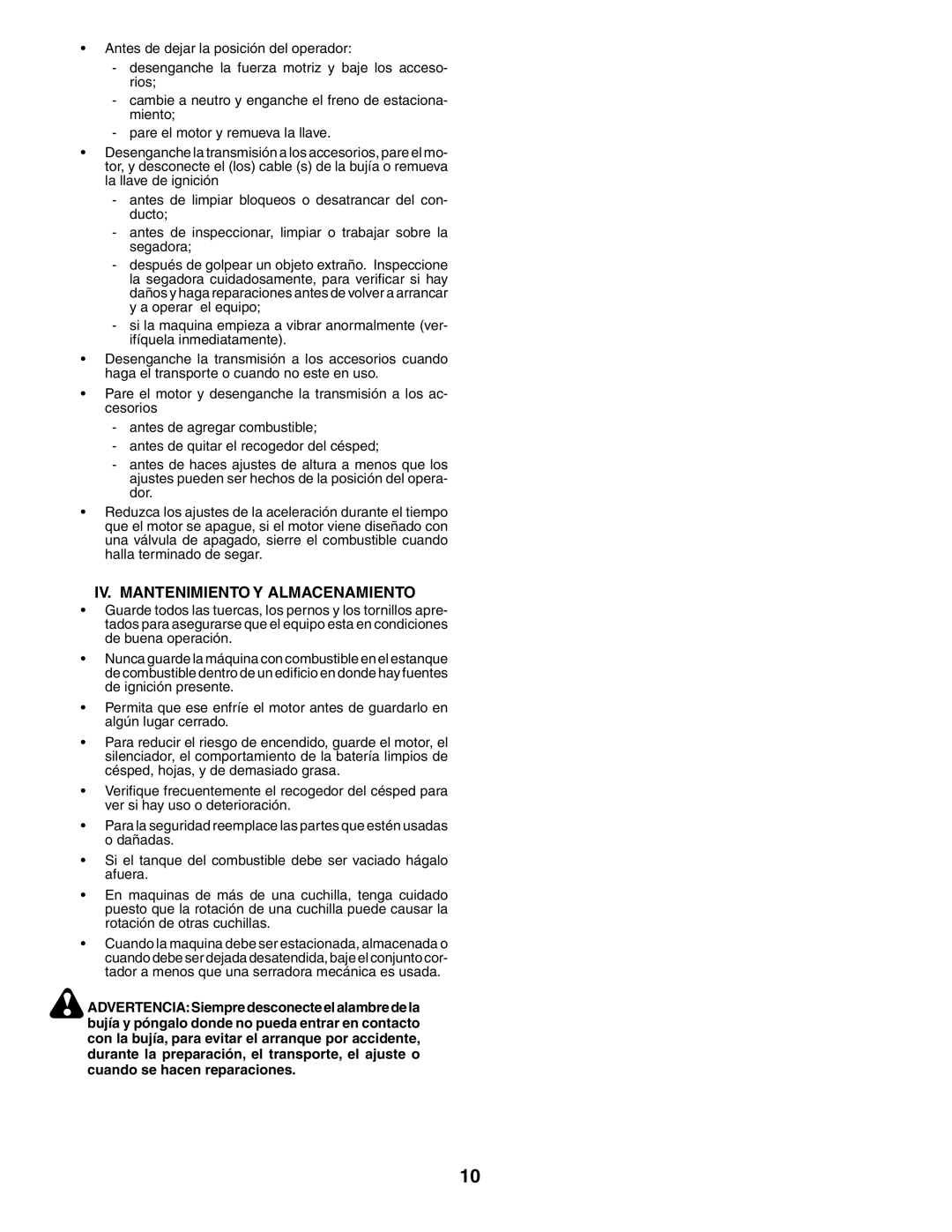 Husqvarna YTH210XP instruction manual IV. Mantenimiento Y Almacenamiento 