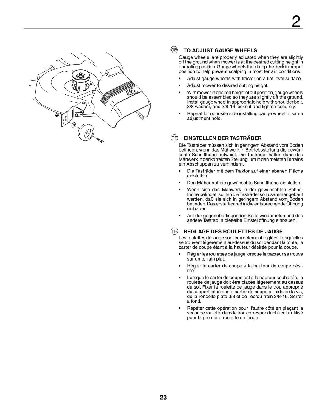 Husqvarna YTH210XP instruction manual To Adjust Gauge Wheels, Einstellen DER Tasträder, Reglage DES Roulettes DE Jauge 