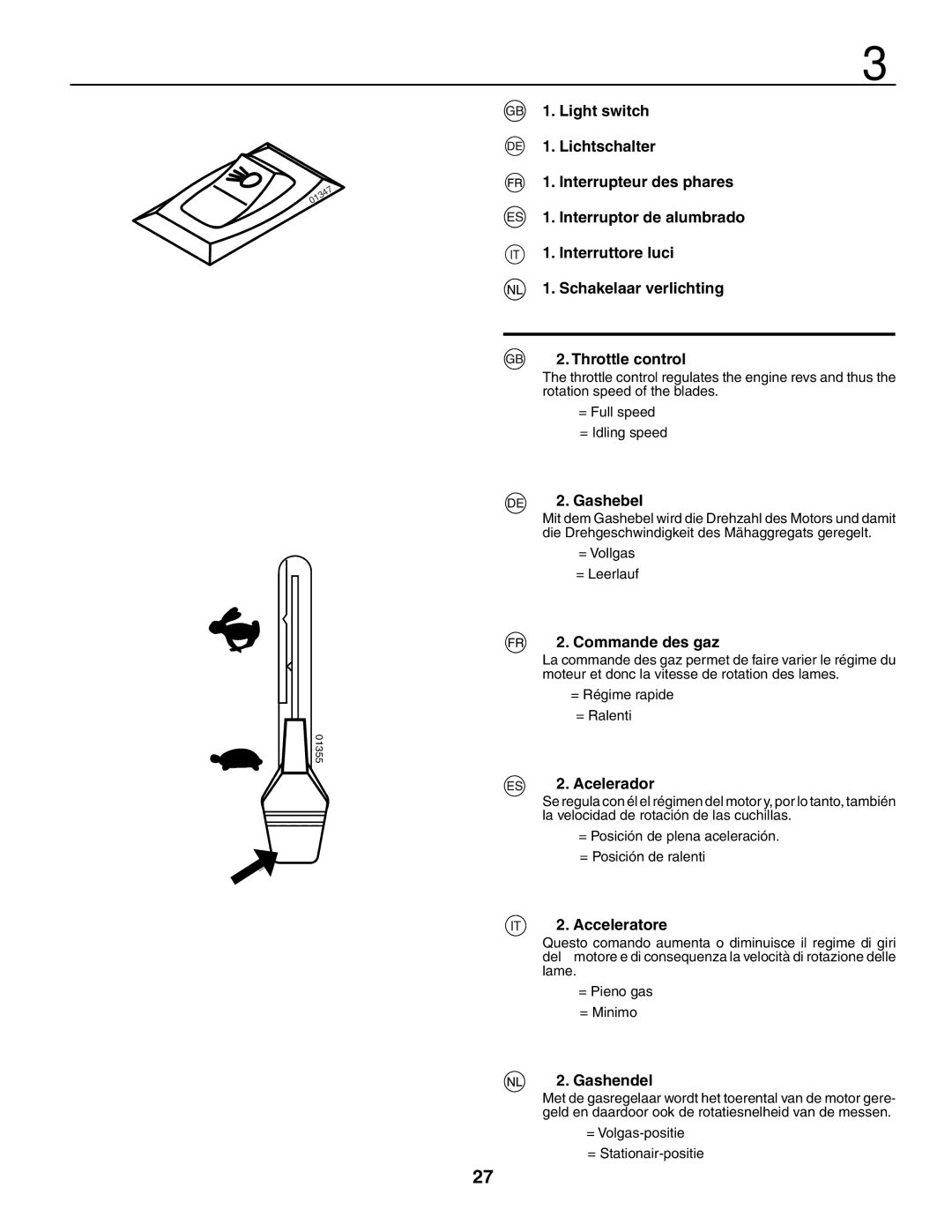 Husqvarna YTH210XP instruction manual Gashebel, Commande des gaz, Acelerador, Acceleratore, Gashendel 