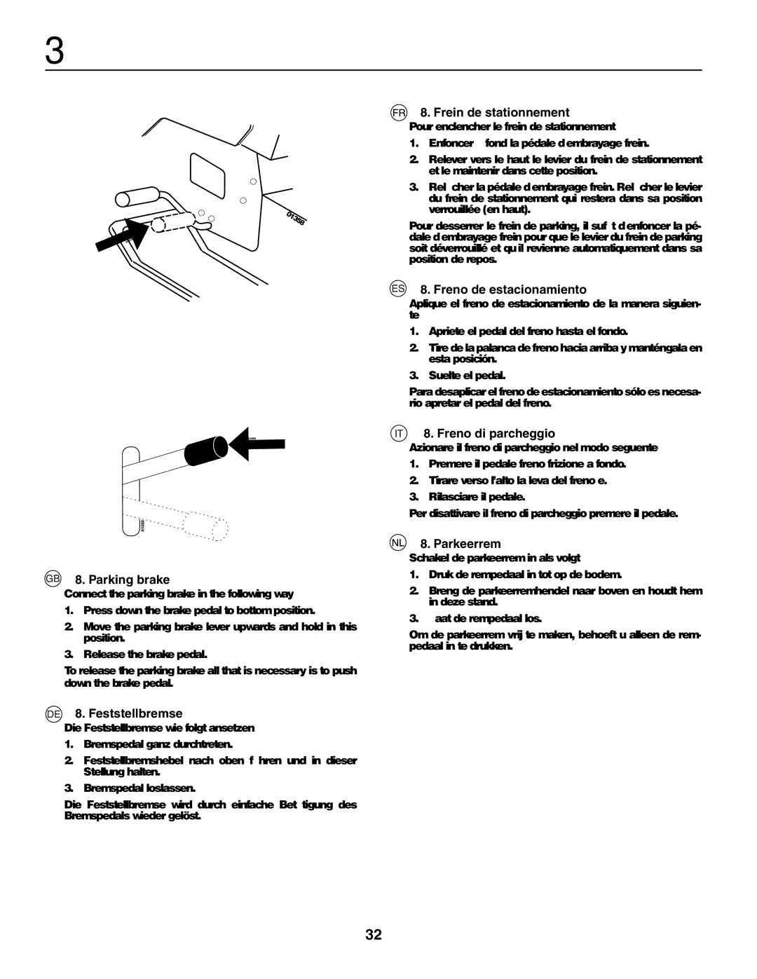 Husqvarna YTH210XP Parking brake, Feststellbremse, Frein de stationnement, Freno de estacionamiento, Freno di parcheggio 