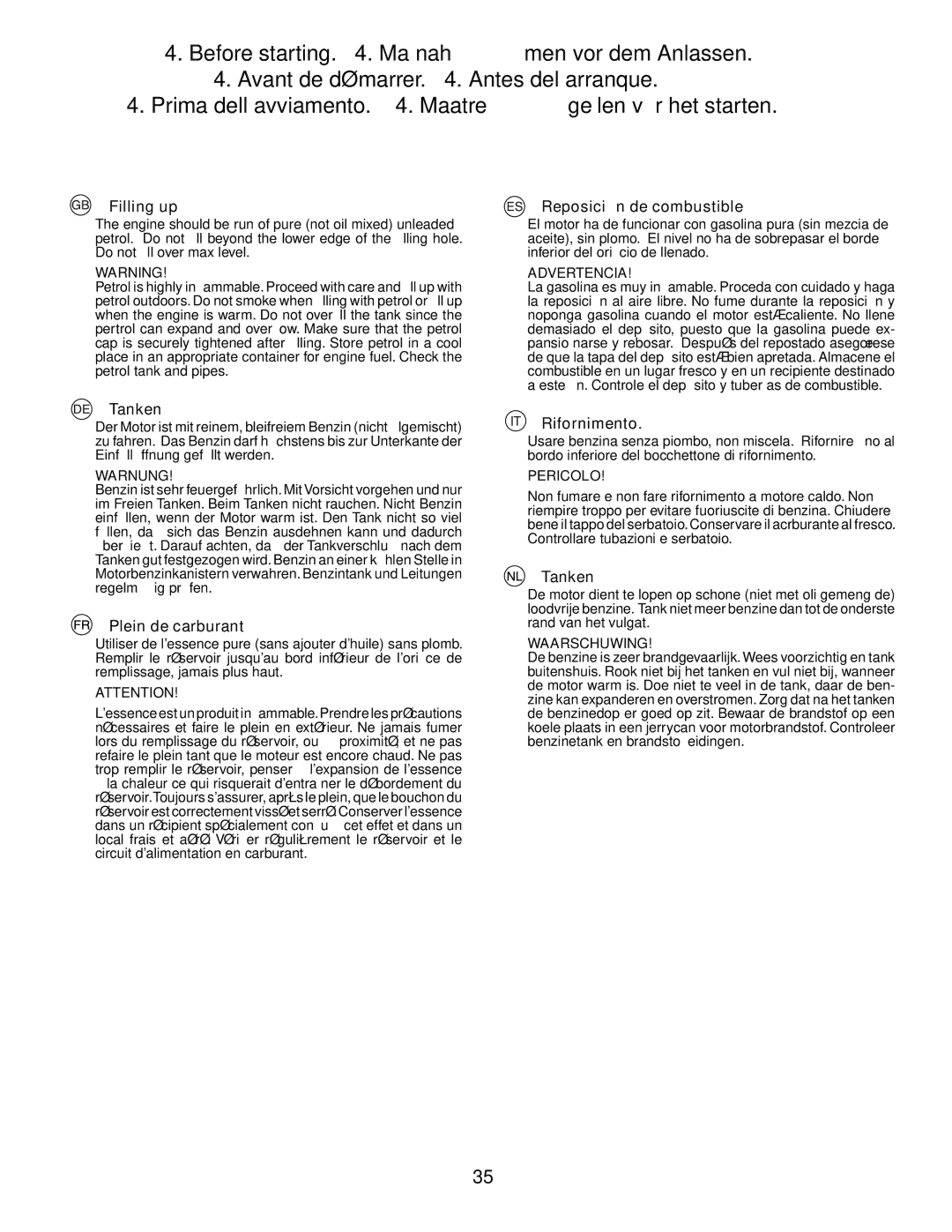 Husqvarna YTH210XP instruction manual Filling up, Reposición de combustible, Tanken, Plein de carburant, Rifornimento 