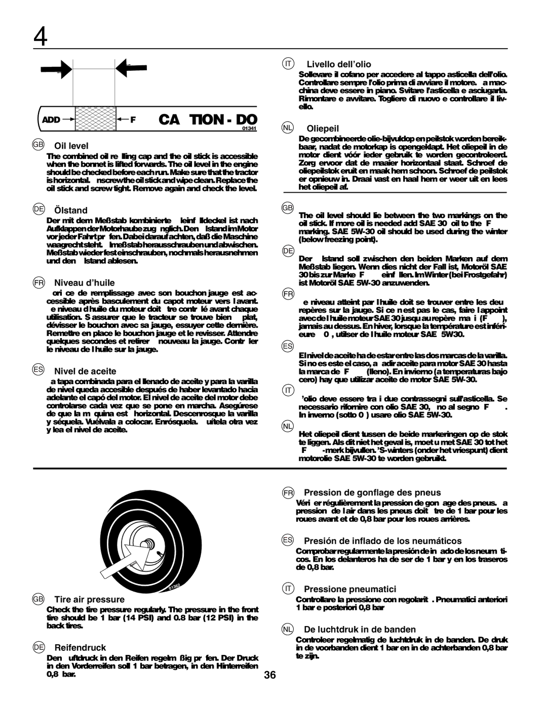 Husqvarna YTH210XP Oil level, Ölstand, Niveau d’huile, Nivel de aceite, Livello dell’olio, Oliepeil, Tire air pressure 