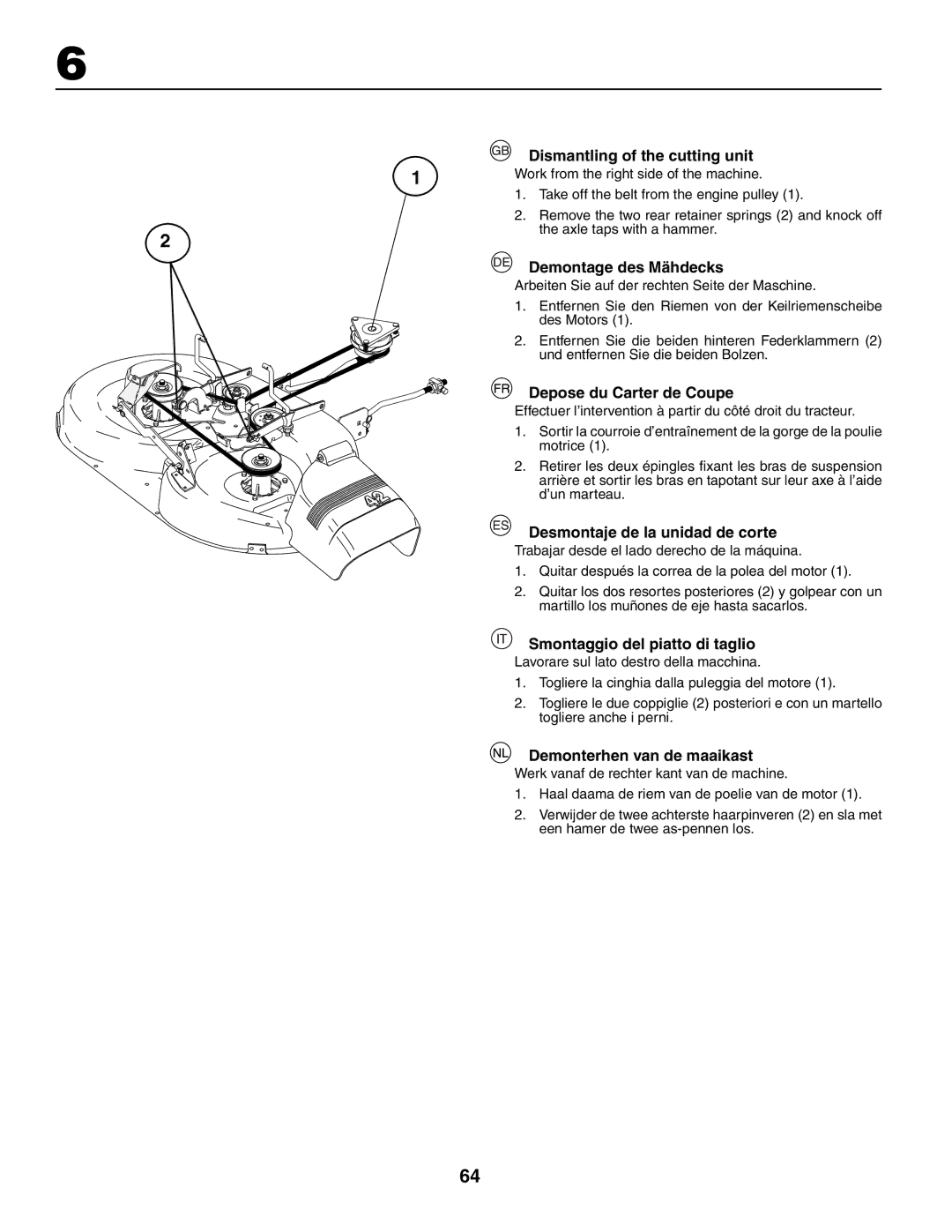 Husqvarna YTH210XP instruction manual Dismantling of the cutting unit, Demontage des Mähdecks, Depose du Carter de Coupe 