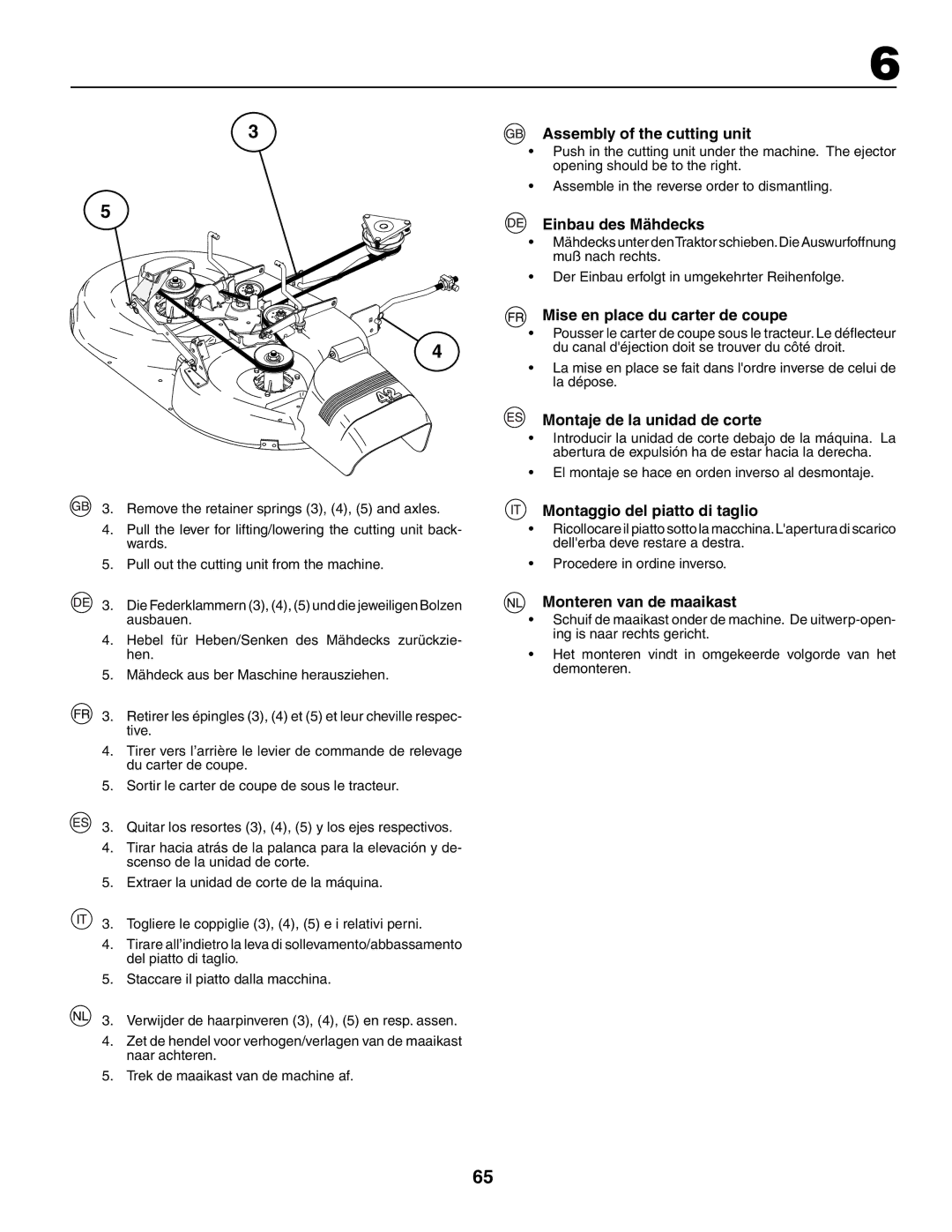 Husqvarna YTH210XP instruction manual Assembly of the cutting unit, Einbau des Mähdecks, Mise en place du carter de coupe 