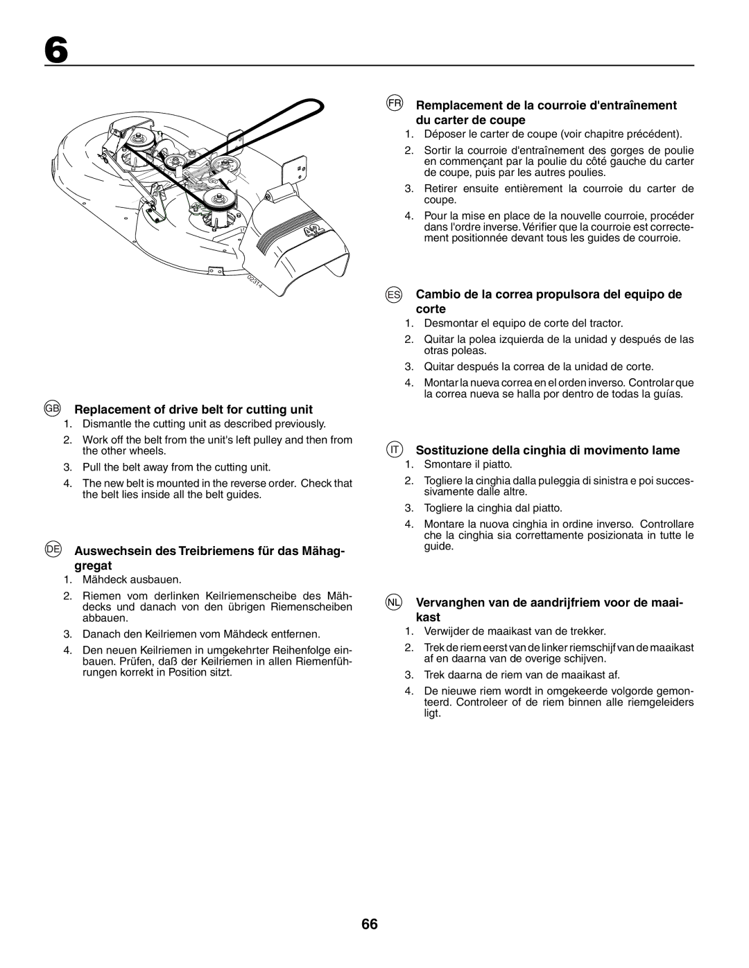 Husqvarna YTH210XP Replacement of drive belt for cutting unit, Auswechsein des Treibriemens für das Mähag- gregat 