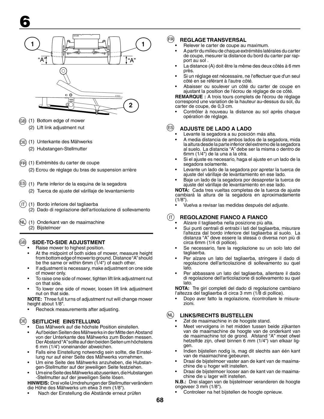 Husqvarna YTH210XP SIDE-TO-SIDE Adjustment, Seitliche Einstellung, Reglage Transversal, Adjuste DE Lado a Lado 