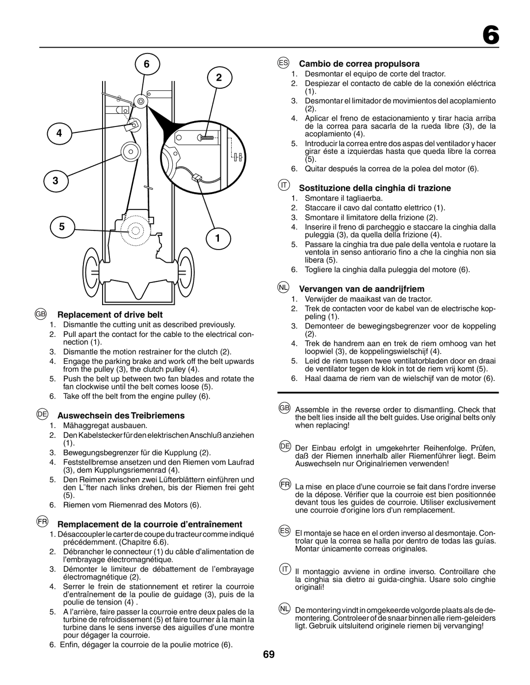 Husqvarna YTH210XP Replacement of drive belt, Auswechsein des Treibriemens, Remplacement de la courroie d’entraînement 