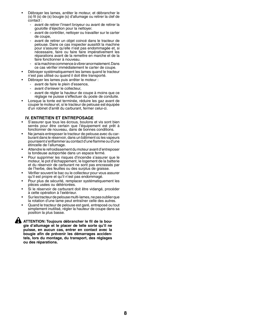 Husqvarna YTH210XP instruction manual IV. Entretien ET Entreposage 