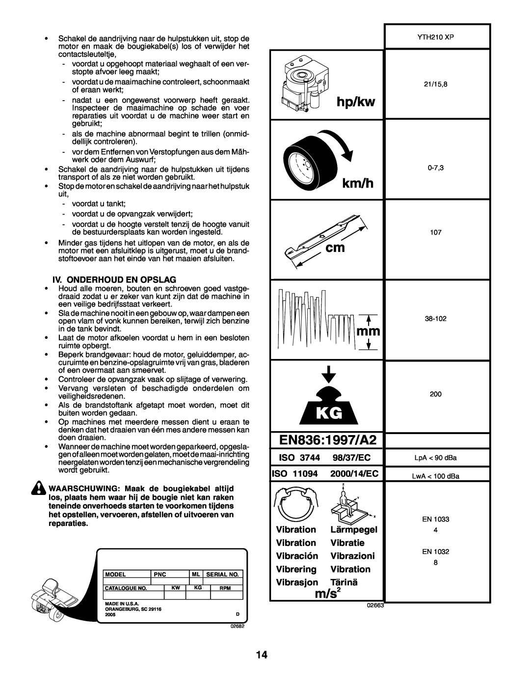 Husqvarna YTH210XP instruction manual EN8361997/A2, m/s2, Iv. Onderhoud En Opslag 