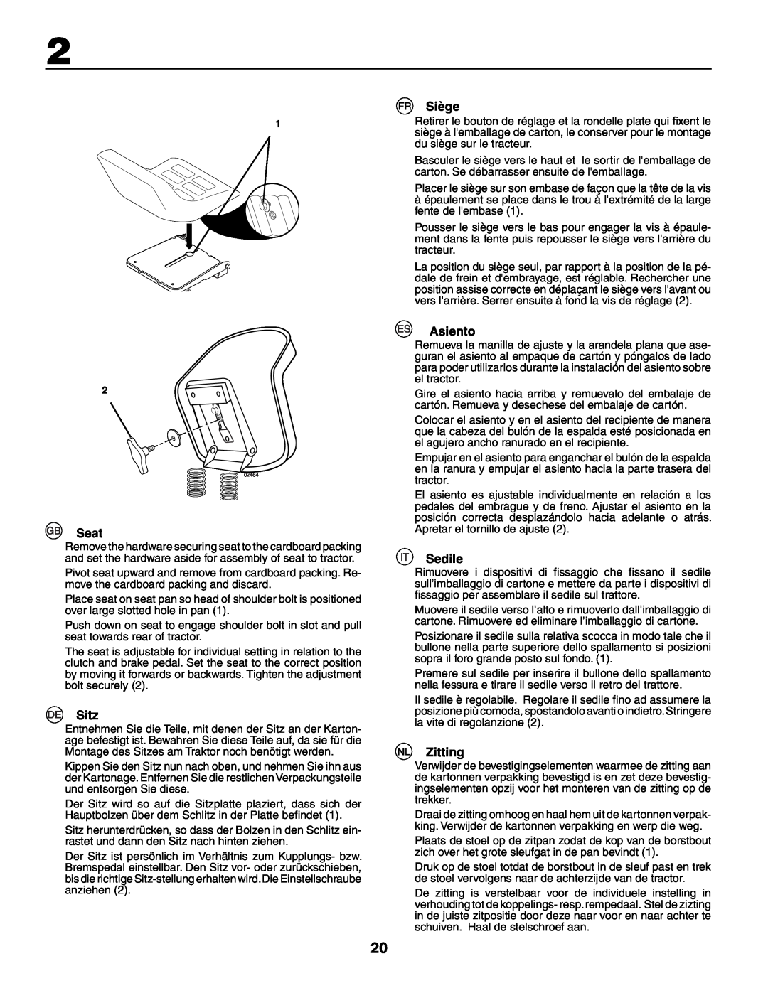 Husqvarna YTH210XP instruction manual Seat, Sitz, Siège, Asiento, Sedile, Zitting 
