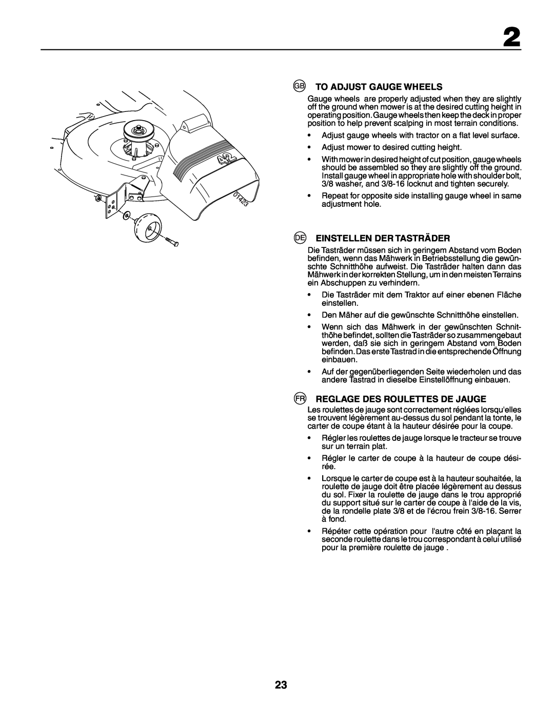 Husqvarna YTH210XP instruction manual To Adjust Gauge Wheels, Einstellen Der Tasträder, Reglage Des Roulettes De Jauge 