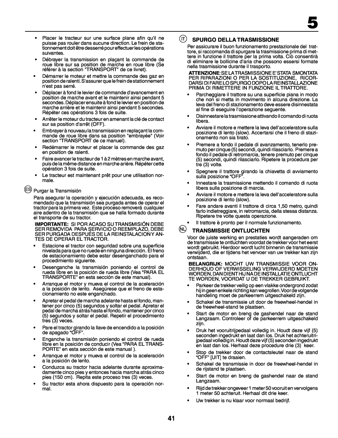 Husqvarna YTH210XP instruction manual Spurgo Della Trasmissione, Transmissie Ontluchten 