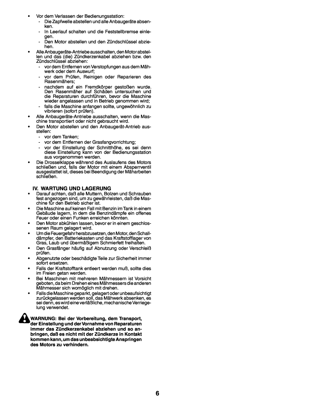 Husqvarna YTH210XP instruction manual Iv. Wartung Und Lagerung 