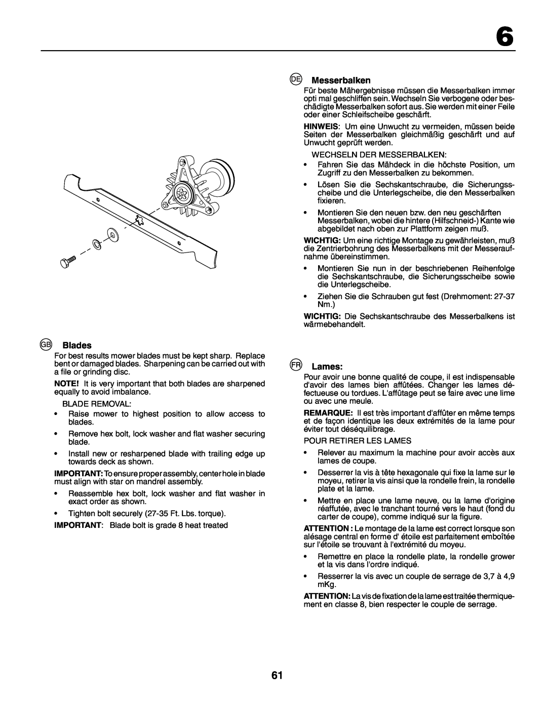 Husqvarna YTH210XP instruction manual Blades, Messerbalken, Lames 