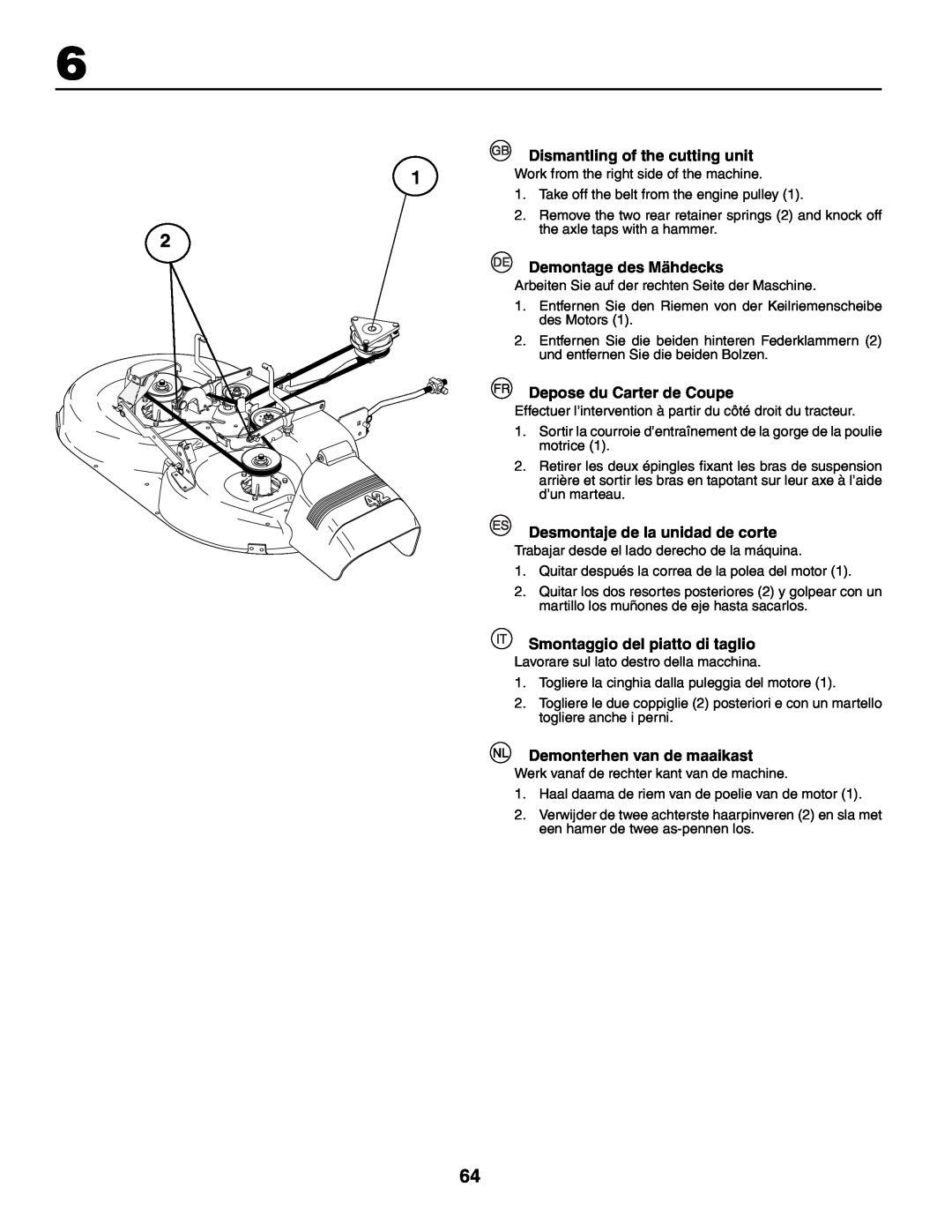 Husqvarna YTH210XP instruction manual Dismantling of the cutting unit, Demontage des Mähdecks, Depose du Carter de Coupe 