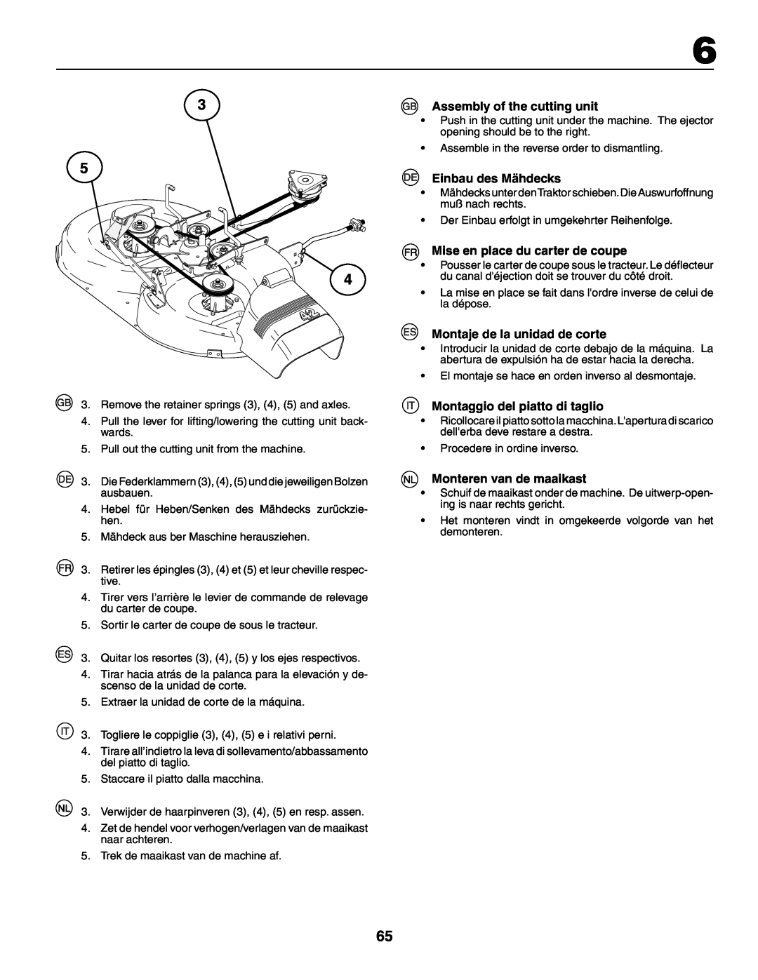 Husqvarna YTH210XP instruction manual Assembly of the cutting unit, Einbau des Mähdecks, Mise en place du carter de coupe 