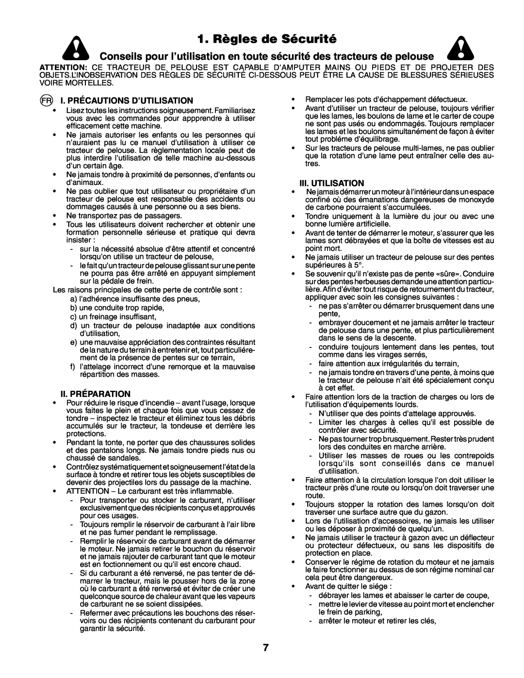 Husqvarna YTH210XP 1. Règles de Sécurité, I. Précautions D’Utilisation, Ii. Préparation, Iii. Utilisation 