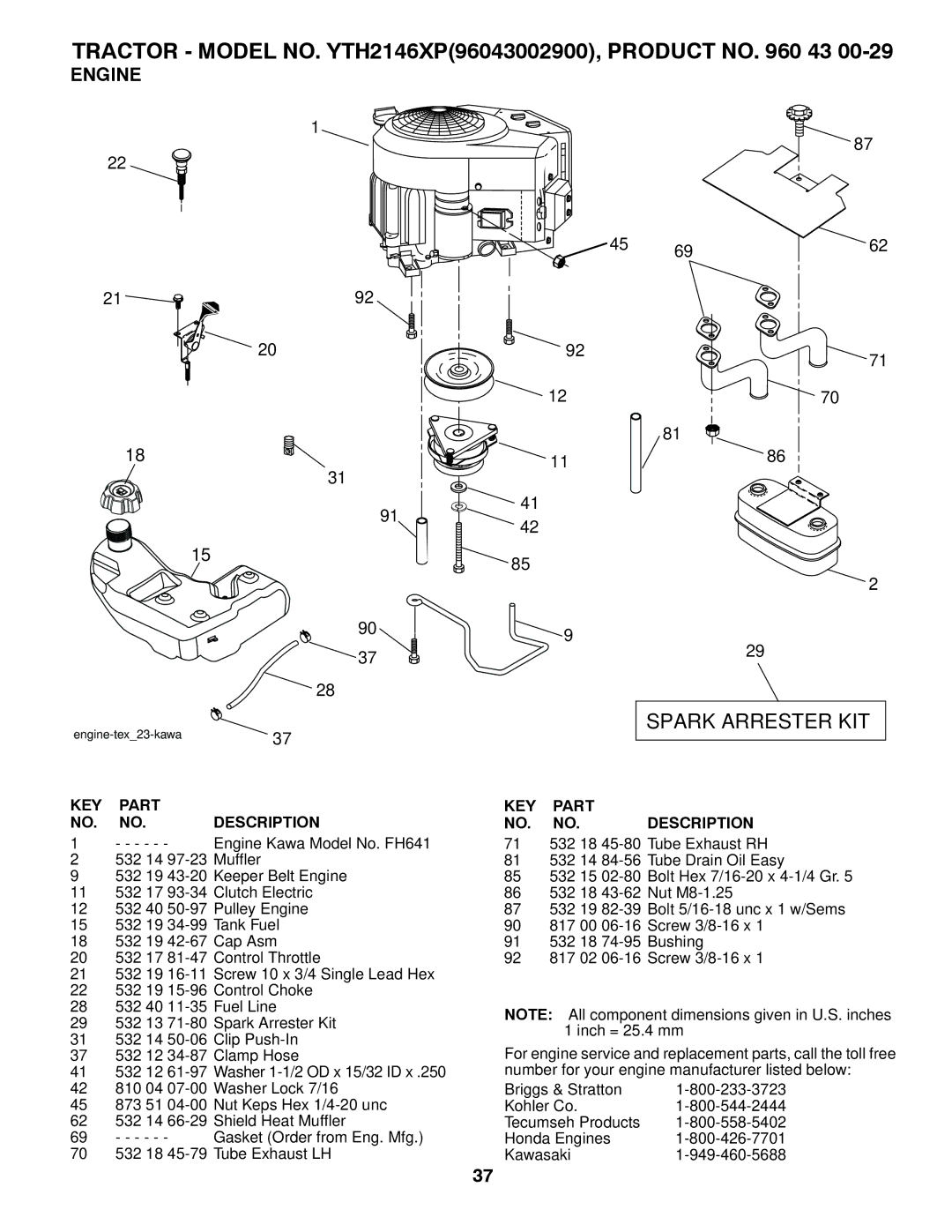 Husqvarna YTH2146XP owner manual Spark Arrester KIT, Engine 