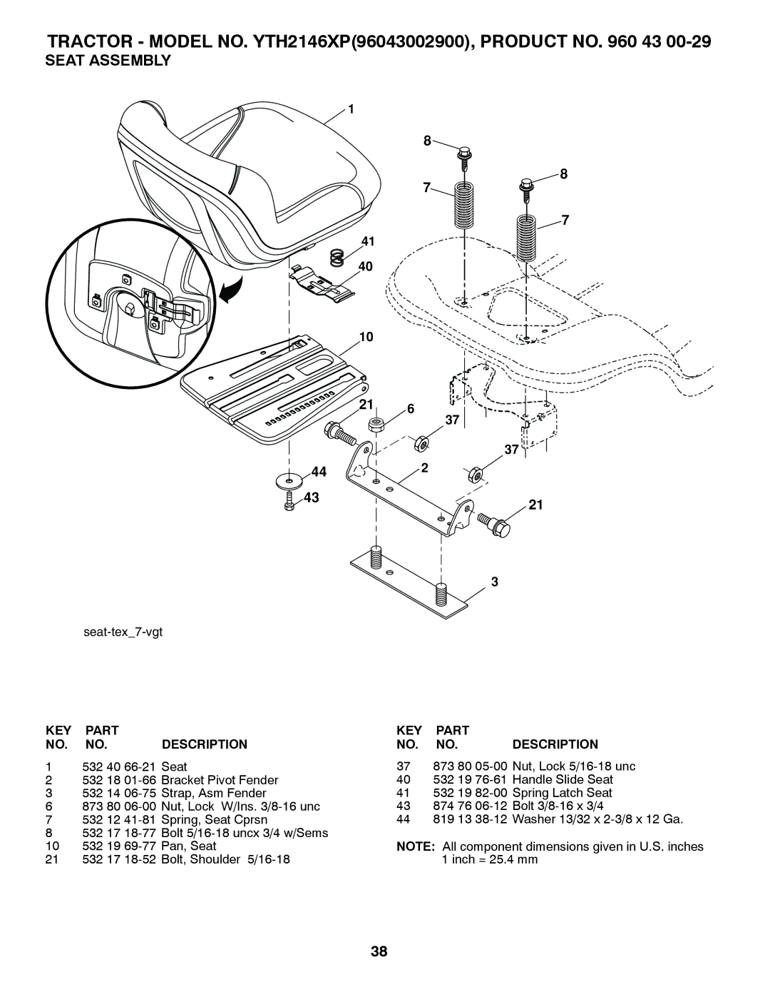 Husqvarna YTH2146XP owner manual Seat Assembly 