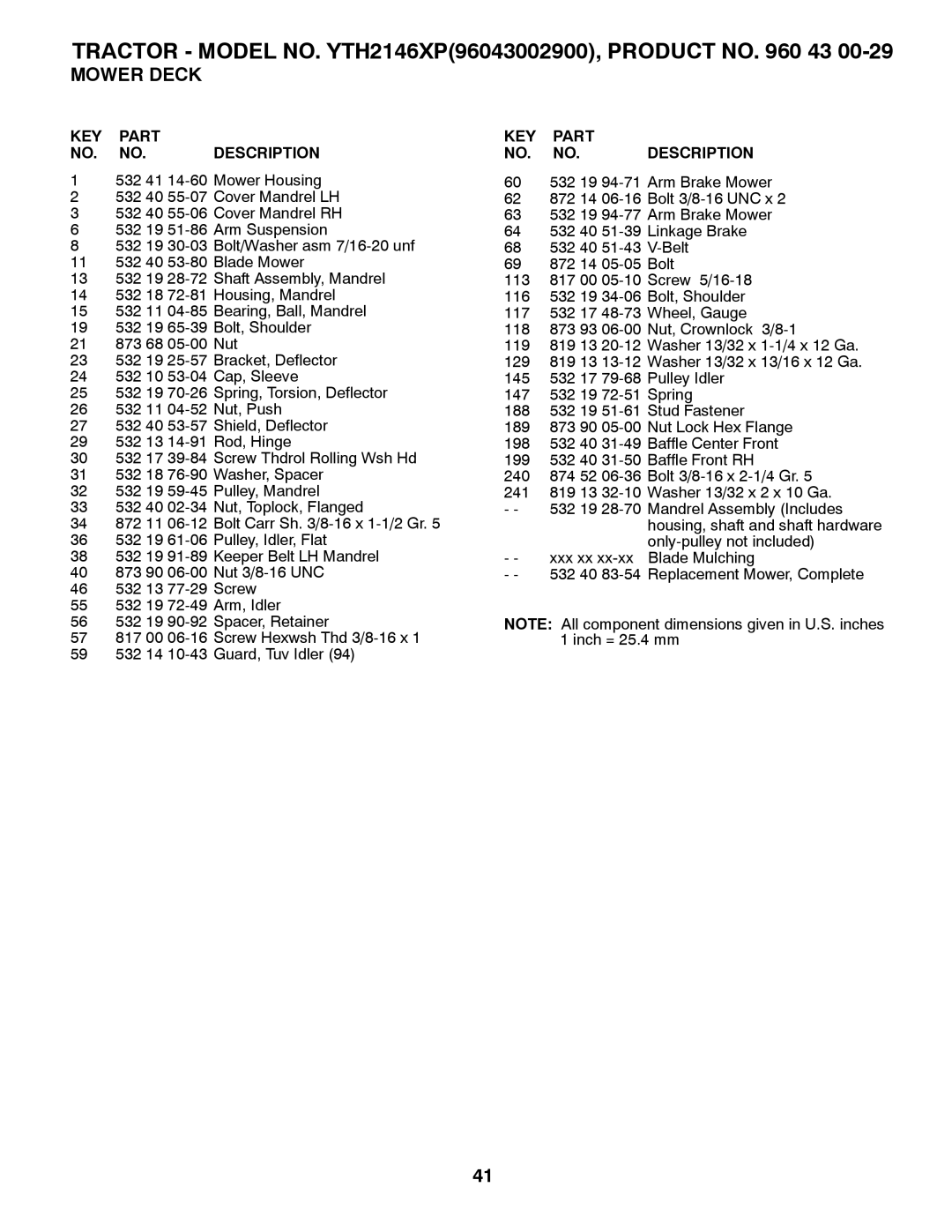 Husqvarna owner manual Tractor Model NO. YTH2146XP96043002900, Product no 43 