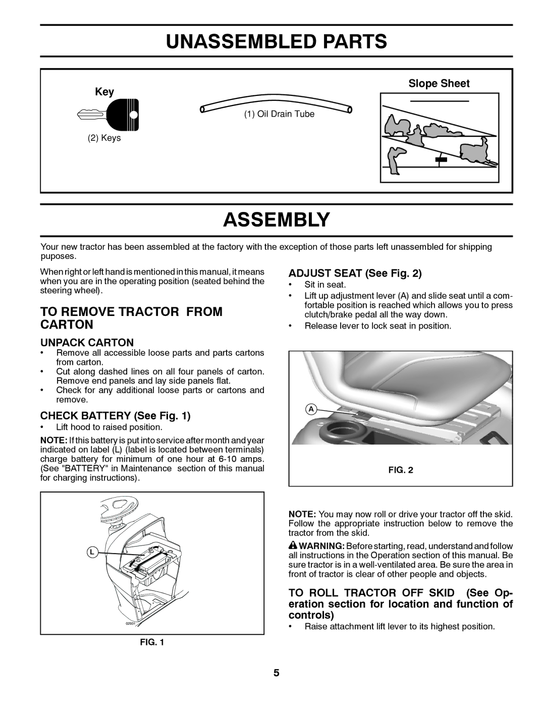 Husqvarna YTH2146XP owner manual Unassembled Parts, Assembly, To Remove Tractor from Carton, Unpack Carton 