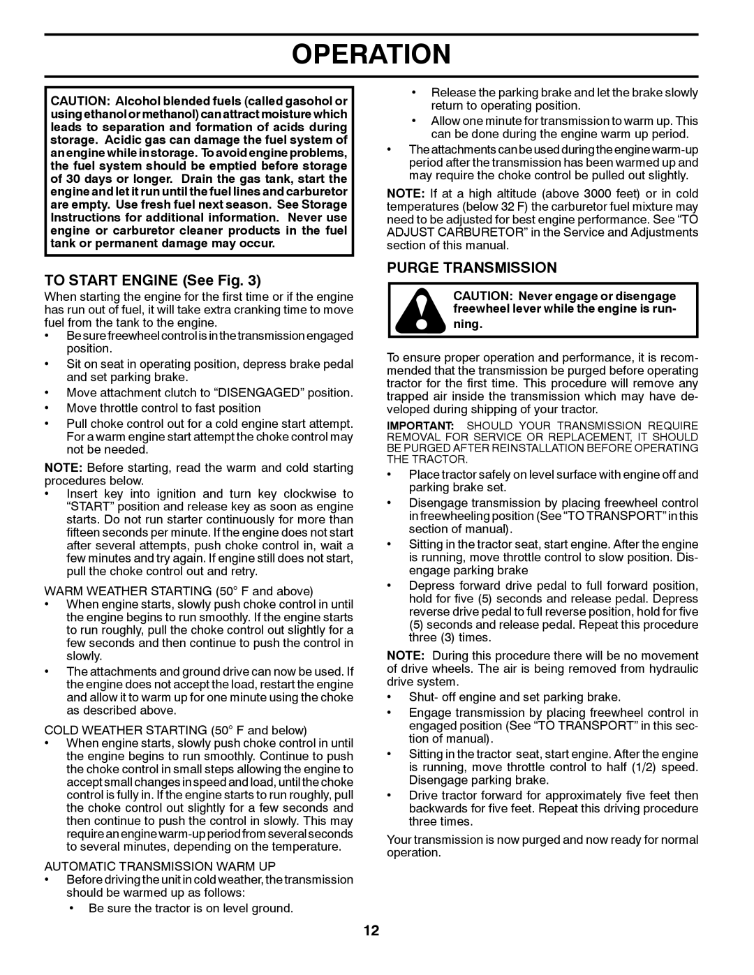 Husqvarna YTH2146XP owner manual TO START ENGINE See Fig, Purge Transmission, Operation, ning 