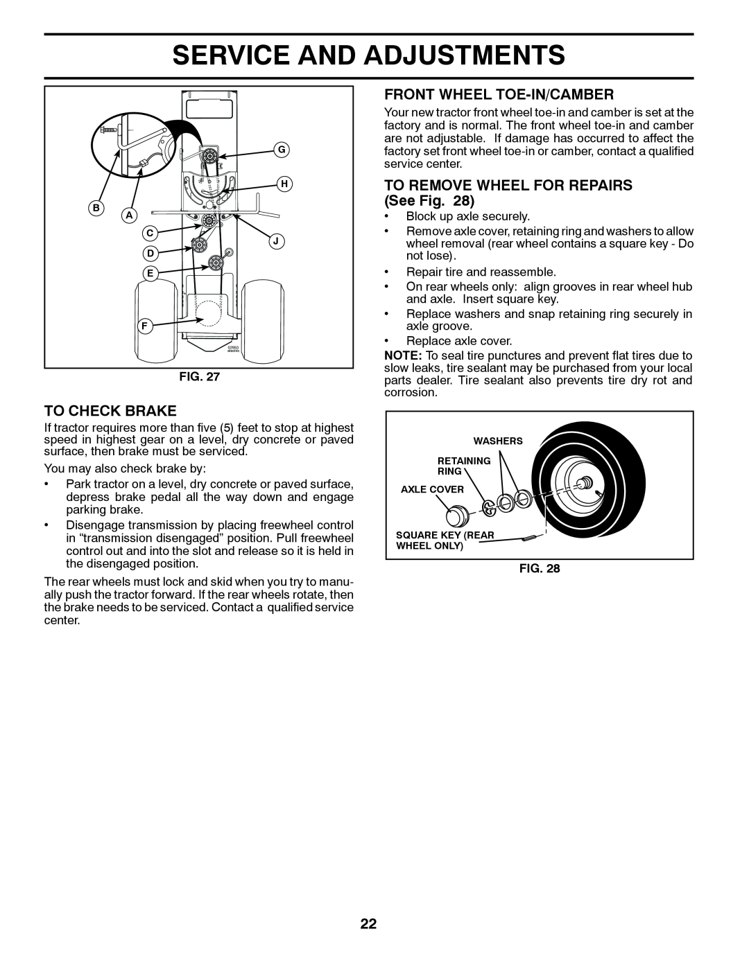 Husqvarna YTH2146XP owner manual Front Wheel Toe-In/Camber, TO REMOVE WHEEL FOR REPAIRS See Fig, To Check Brake, electric 