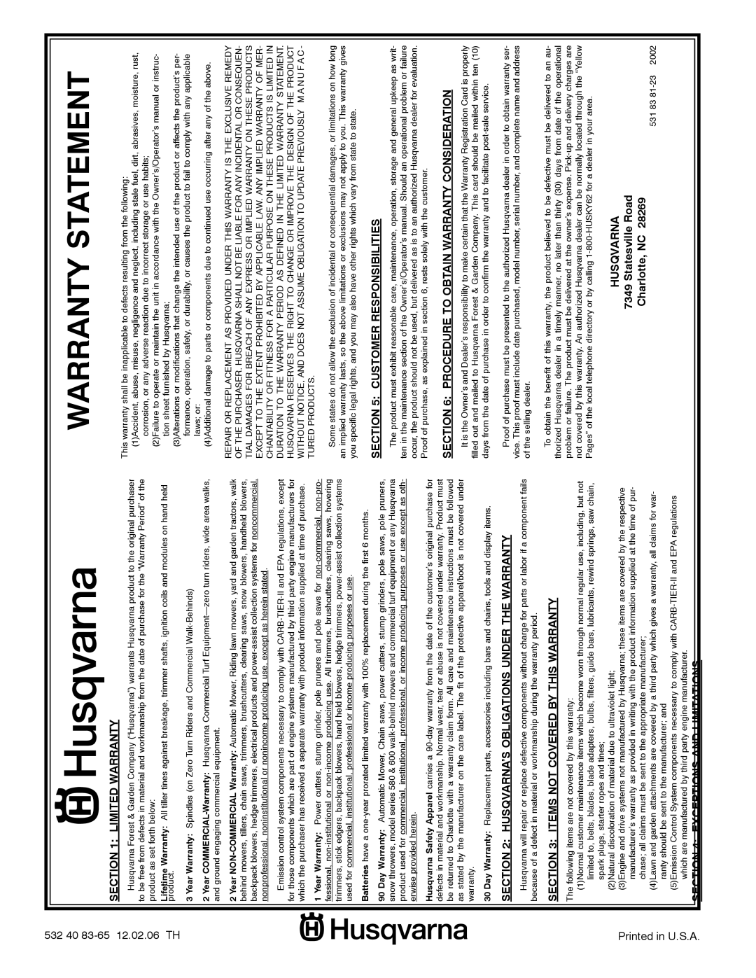 Husqvarna YTH2146XP owner manual Warranty Statement, Limited Warranty, Husqvarna’S Obligations Under The Warranty 