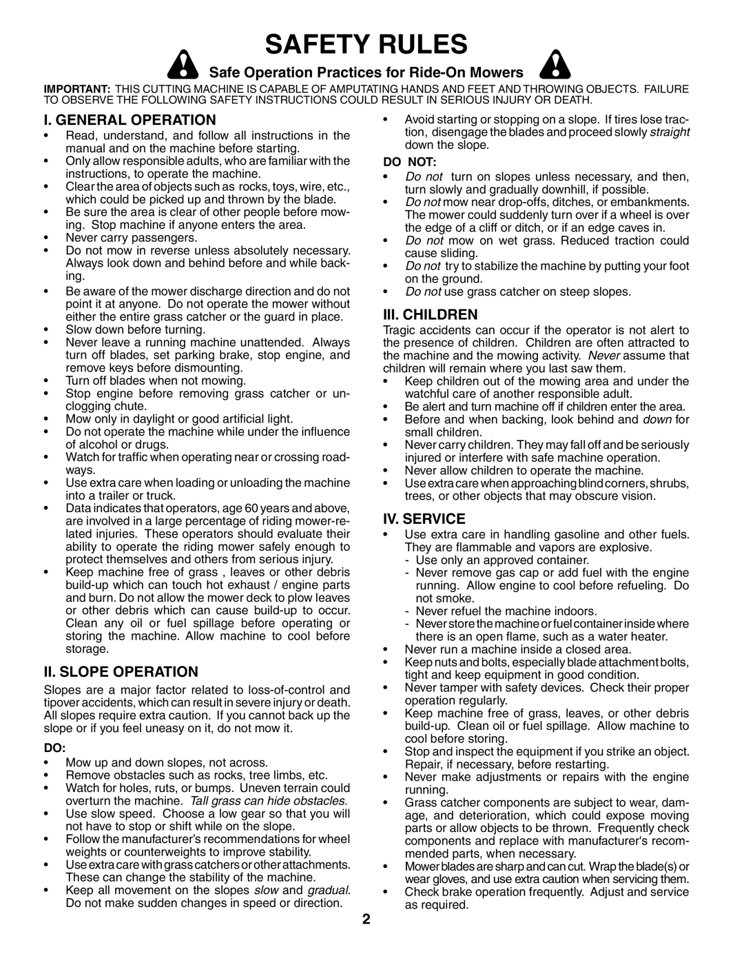 Husqvarna YTH2148 owner manual Safety Rules, General Operation, II. Slope Operation, III. Children, IV. Service 