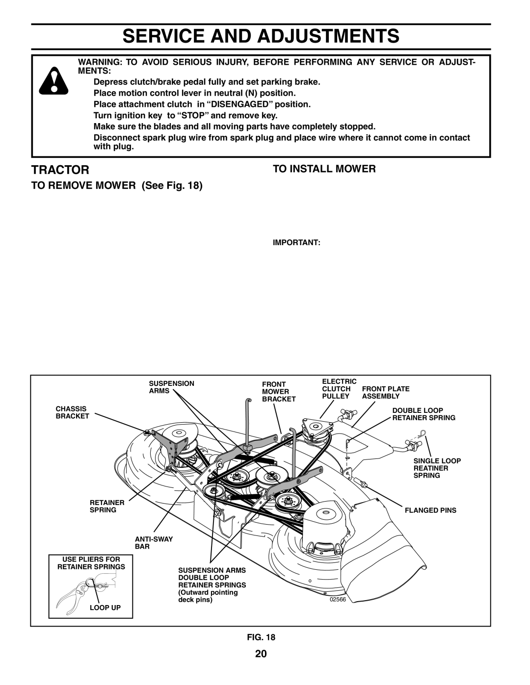 Husqvarna YTH2148 owner manual Service and Adjustments, To Remove Mower See Fig, To Install Mower 