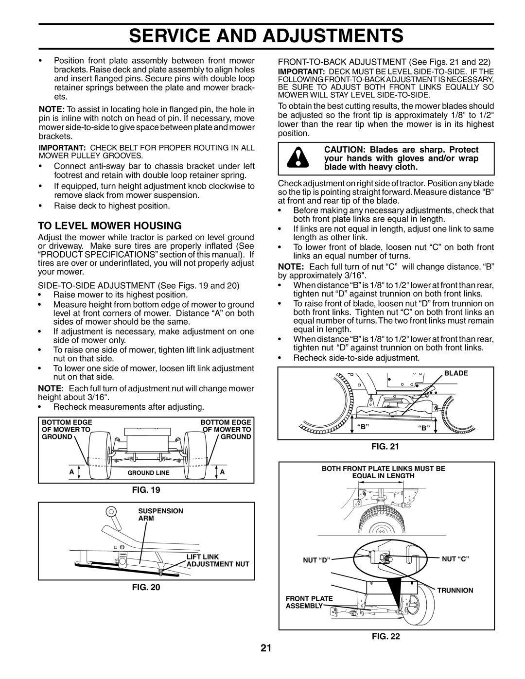 Husqvarna YTH2148 owner manual To Level Mower Housing, FRONT-TO-BACK Adjustment See Figs 