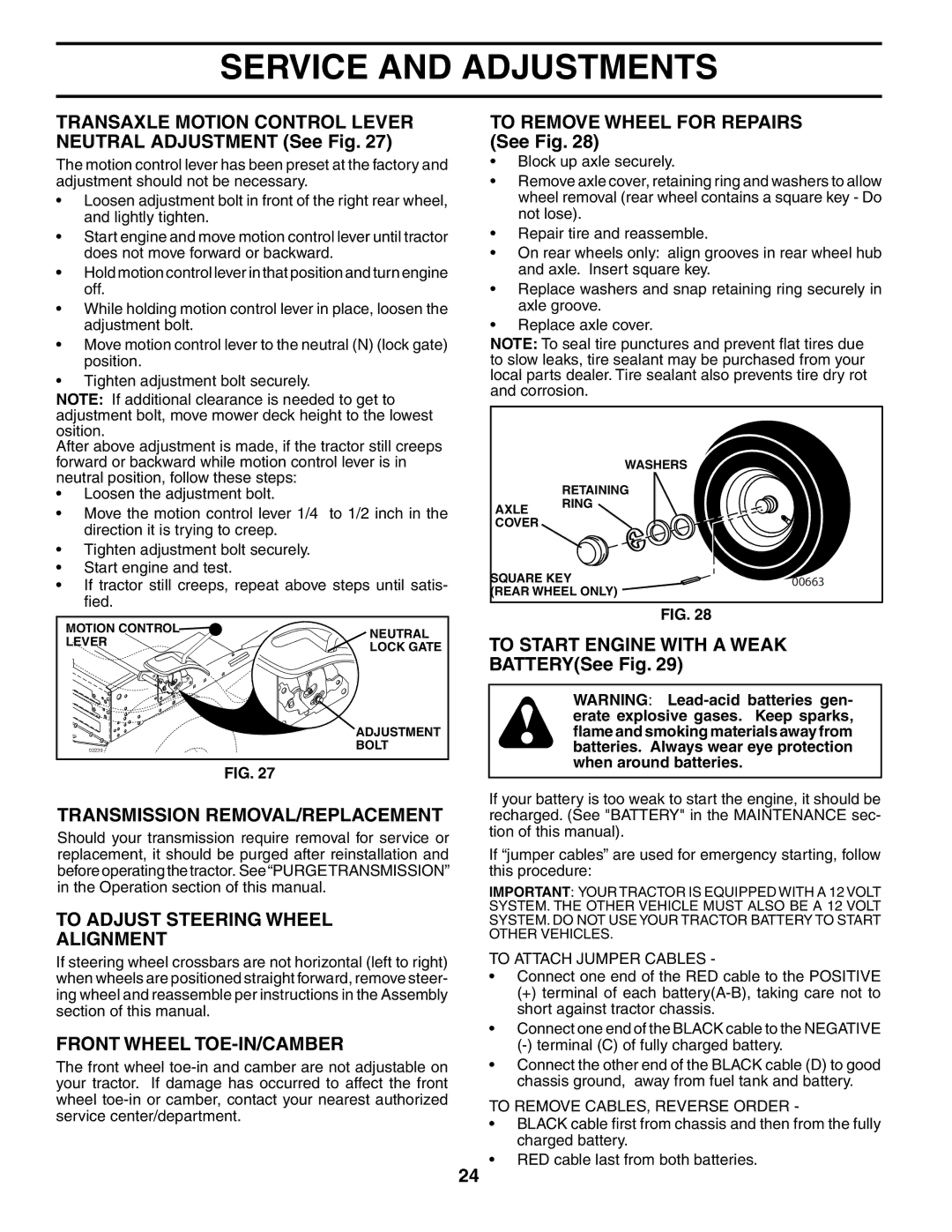 Husqvarna YTH2148 Transmission REMOVAL/REPLACEMENT, To Adjust Steering Wheel Alignment, Front Wheel TOE-IN/CAMBER 