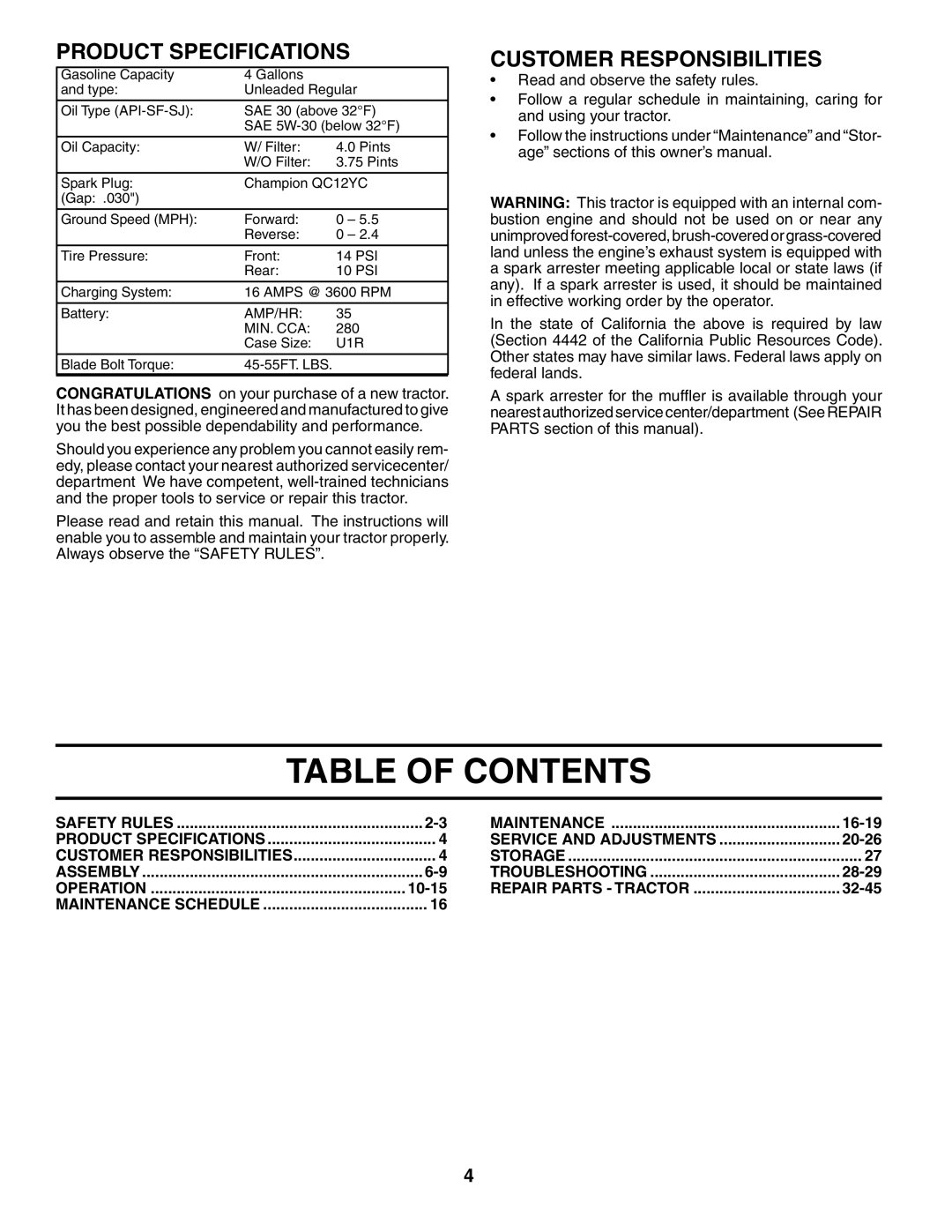 Husqvarna YTH2148 owner manual Table of Contents 