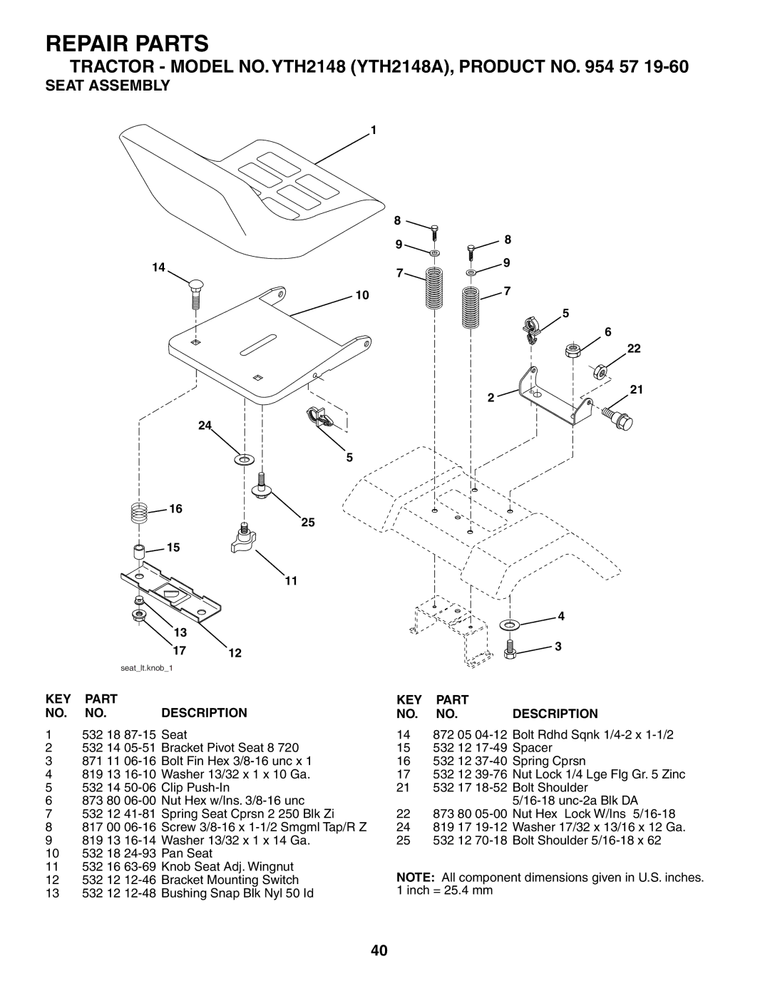 Husqvarna YTH2148 owner manual Seat Assembly, KEY Part Description 