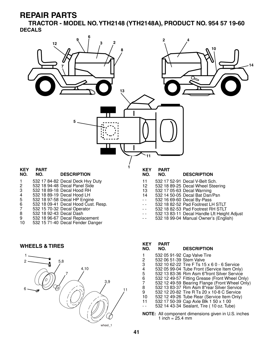 Husqvarna YTH2148 owner manual Decals, Wheels & Tires 