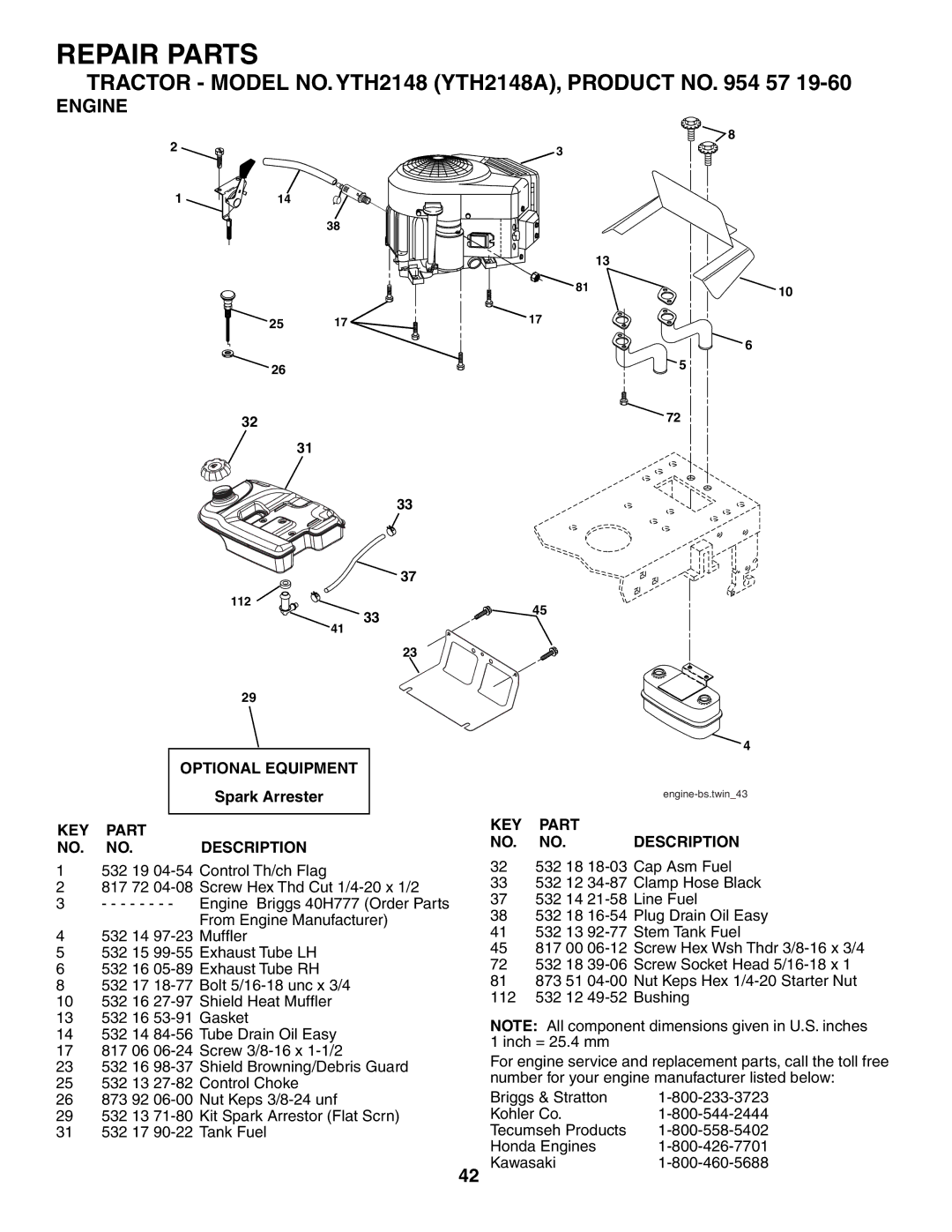 Husqvarna YTH2148 owner manual Engine 