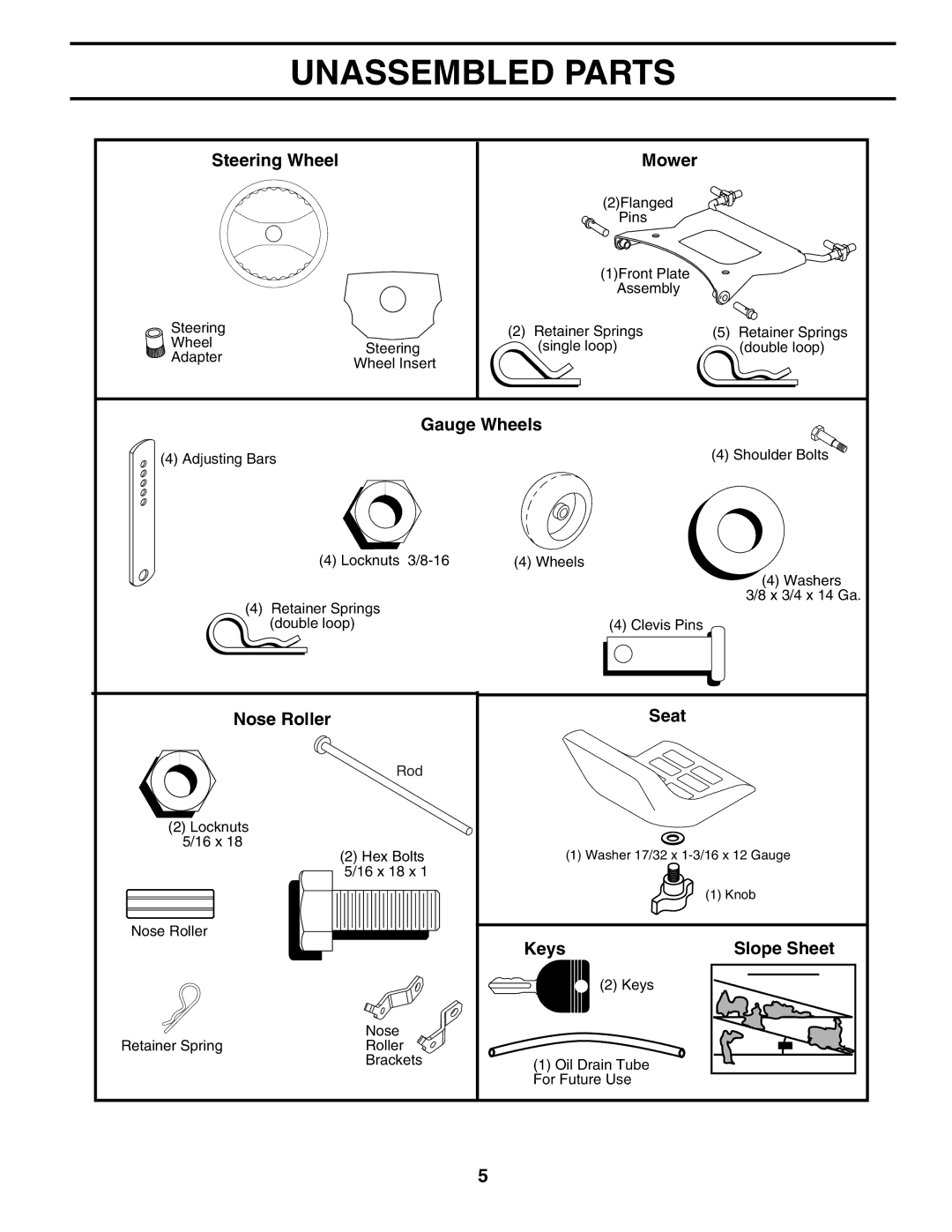 Husqvarna YTH2148 owner manual Unassembled Parts, Steering Wheel Mower 