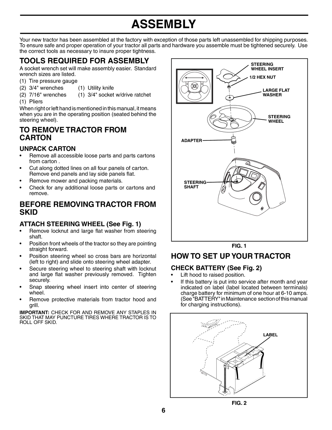 Husqvarna YTH2148 Tools Required for Assembly, To Remove Tractor from Carton, Before Removing Tractor from Skid 