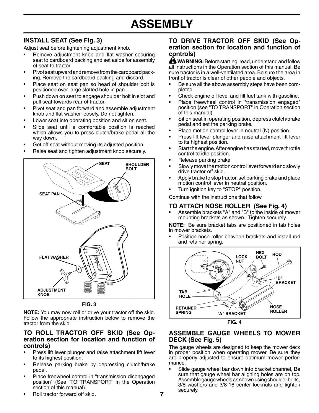 Husqvarna YTH2148 Install Seat See Fig, To Attach Nose Roller See Fig, Assemble Gauge Wheels to Mower Deck See Fig 